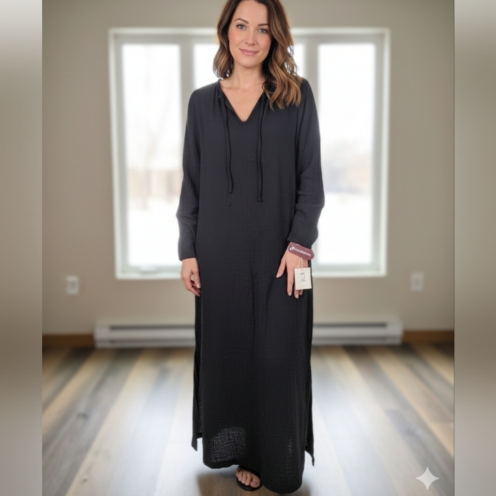 NWT Honest Cotton Black Gauze Maxi Dress Size S/M Boho Minimalist